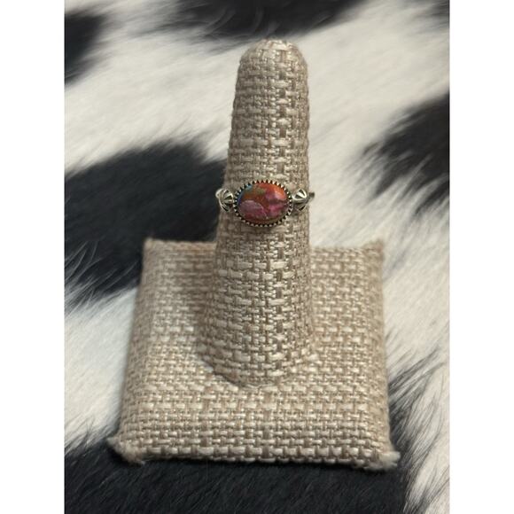 Native American SW Sterling Silver Pink Dahlia Turquoise Stacker Ring 7 Concho - Picture 2 of 8